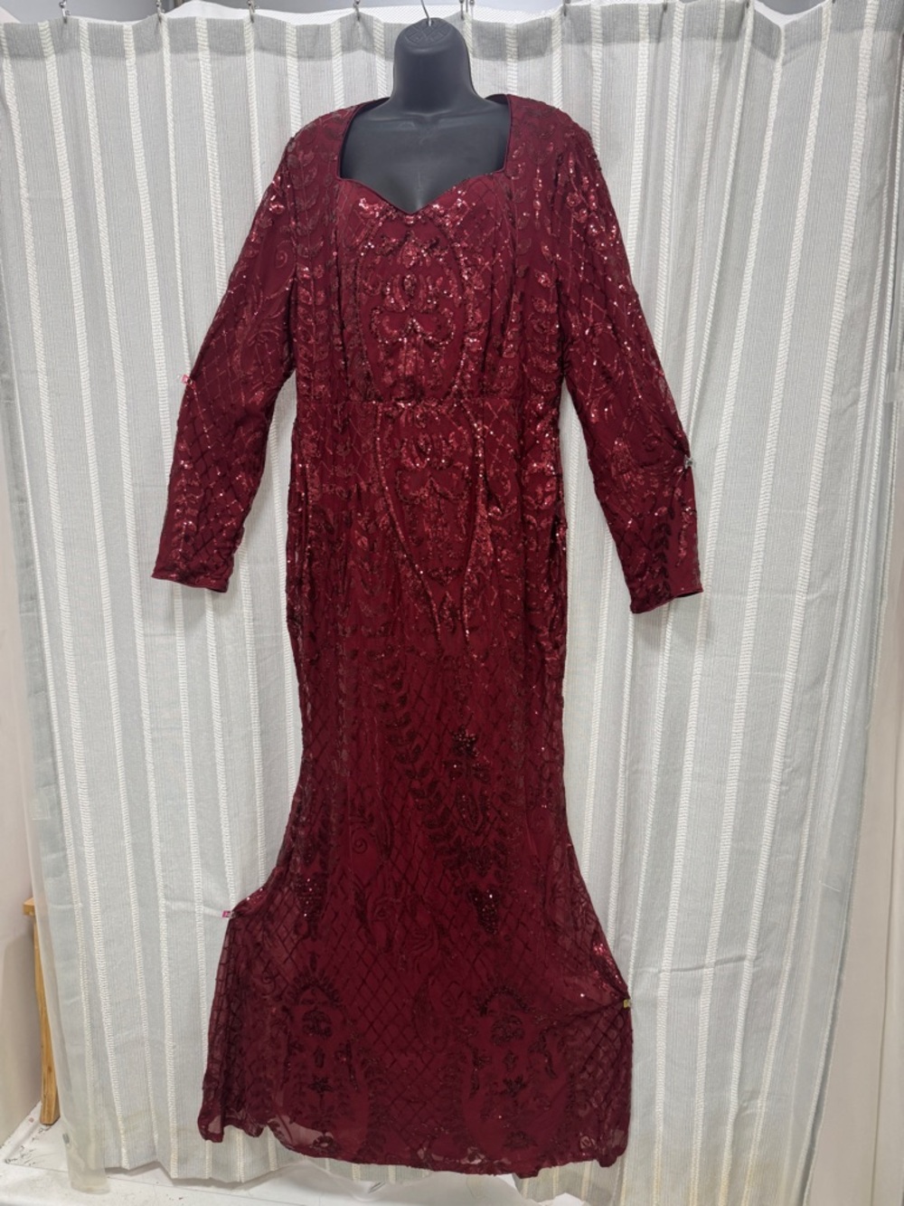 Elegant Women's Burgundy Sequin Mermaid Dress Long Sleeves Prom Wedding Size 2XL